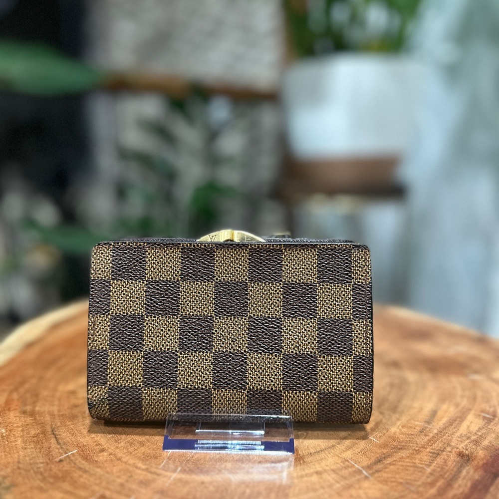 Louis Vuitton Damier Ebene Kiss Lock Wallet Snap Coin Purse Auth Vintage